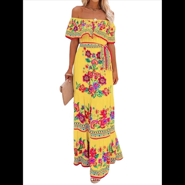 Vestido de Verano para Mujer, Estampado Floral, Hombros Descubiertos, Sin Mangas, XL