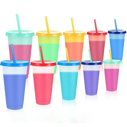 Happon Plastic Kids Cups with Lids and Straws - 10 Pack 12 oz Reusable Tumbler with Straw | Color Changing Cup with Lid Adults Bulk Travel Tumblers Drinking Cups for Cold Coffee