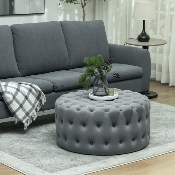 HOMCOM Tufted Ottoman, Velvet-feel Upholstered Foot Stool with Padded Seat, Round Ottoman Coffee Table for Living Room, Bedroom, Dark Gray