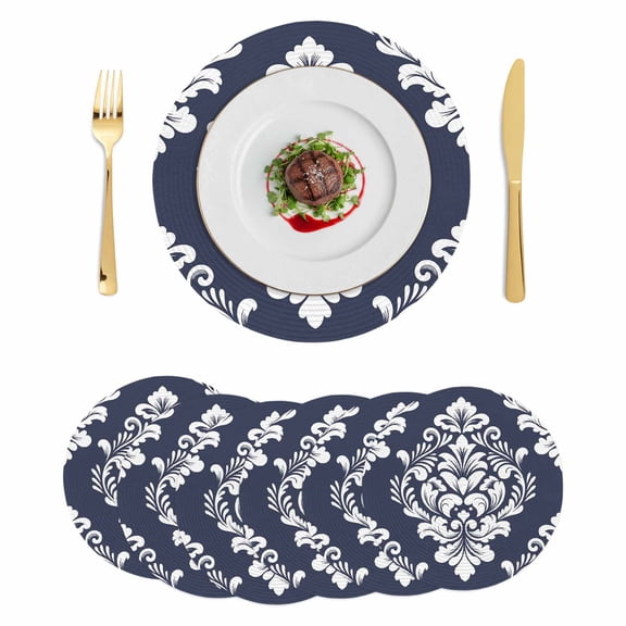 Navy Blue Boho Round 13 Inch Placemats Set of 6, Vintage Classic Bohemia Flower Textured HeatResistant Non Slip Place Mats for Dining Table, Wipeable Braided Kitchen Table Mats for Housewarming