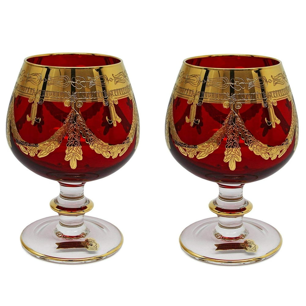Interglass Italy, Red Crystal Cognac Snifters Goblets, Vintage Design