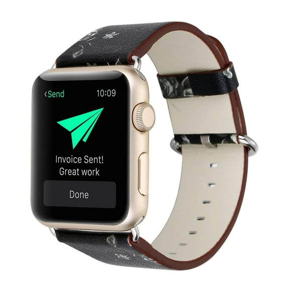 Apple Watch Bracelet, Floral Printed Leather Watch Band 38mm Strap for Apple Watch Flower Design Wrist Watch Bracelet (Black Grey Flower)