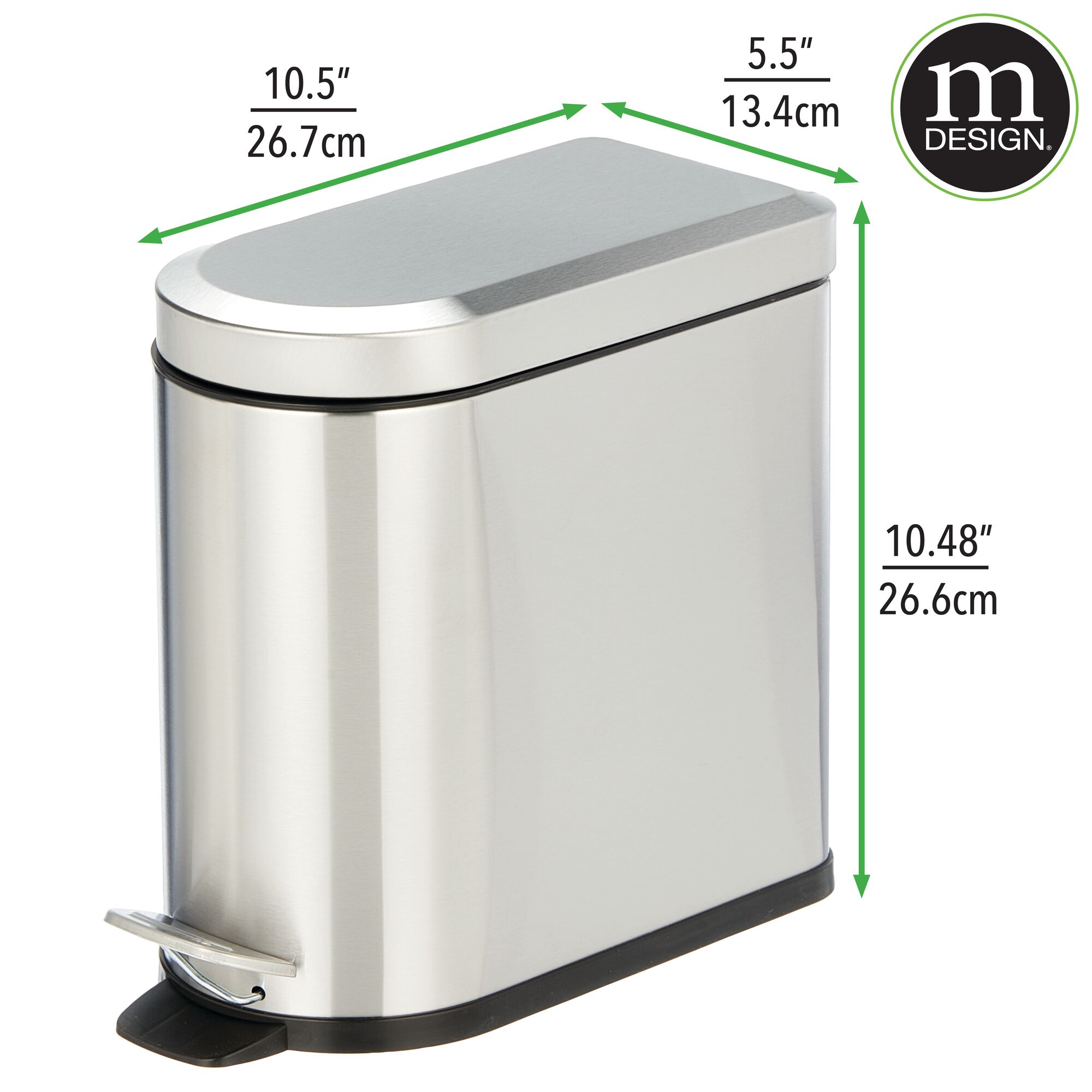 mDesign  1.3 Gallon Bathroom D-Shape Metal Step Trash Can, Brushed/Chrome