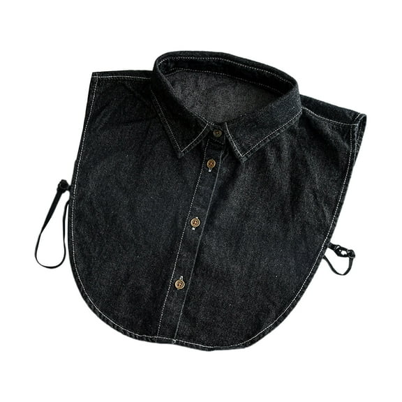 Women Vintage Washed Denim Faux Collar Detachable Dickey Button Lapel Half Shirt