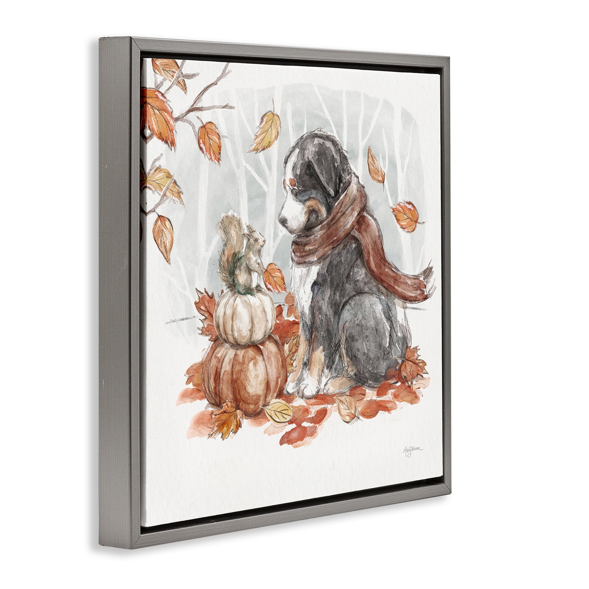 Stupell Industries Dog & Fall Pumpkins Holiday Painting Gray Floater Framed Canvas Art Prints Wall Art, 18 x 18