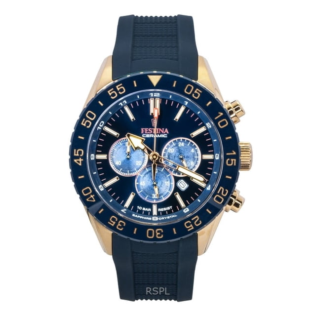 Festina Reloj F20516-1 para Hombre, Cronógrafo de Cerámica, Correa de Caucho, Esfera Azul, Cuarzo, 100 M