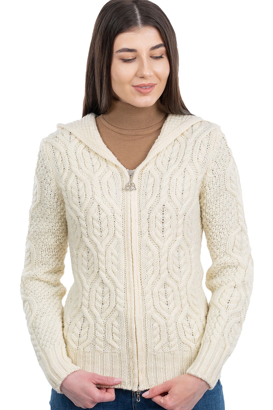 SAOL 100% Merino Wool Women's Aran Zip Cardigan Sweater Irish Cable