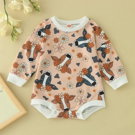 

NIUREDLTD Toddler Winter Long Sleeve Romper Bodysuit Boys Girls Cartoon Cow Head Flower Prints