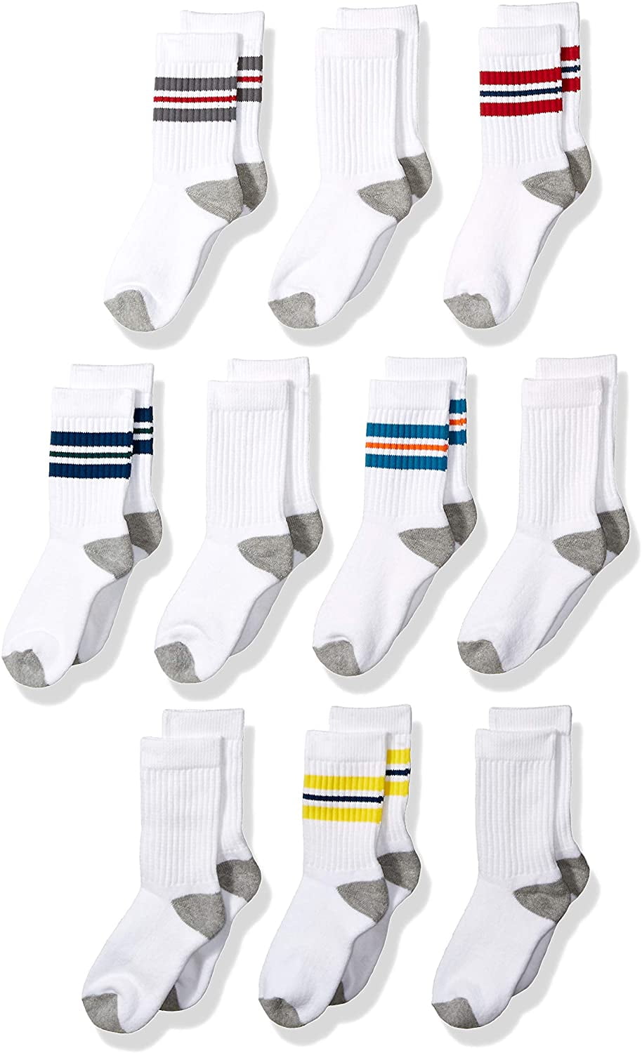Boys' Kids Cotton Crew Gym Socks, 10Pack White/Varsity Stripes, um