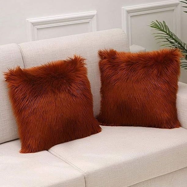 Nvzi Juego de 2 fundas de almohada cuadradas de piel sintética, fundas de almohada decorativas de felpa de lujo, fundas de cojín de 16 x 16 pulgadas, color marrón rojizo