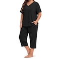 thumbnail image 3 of WellSize Plus Size Women Pajamas Set V Neck Short Sleeve Tops and Capris with Pockers Two Piece Lounge Sets Summer Oufits sleepwear, 3 of 7