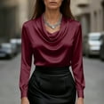 thumbnail image 5 of Women's Elegant Solid Satin Cowl Neck Blouse Long Sleeves Casual Business Dressy Shirts Office Work Ladies Top Wine 2XL, 5 of 5