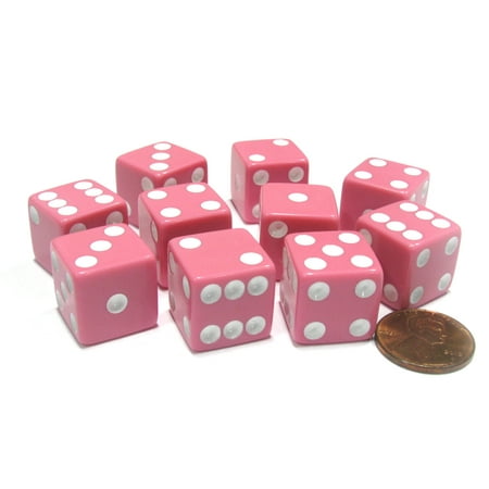 Koplow Games Set of 10 Six Sided Square Opaque 16mm D6 Dice - Pink with White Pip Die