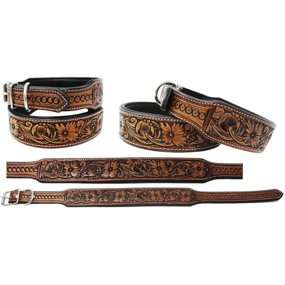 Small 13''- 17'' Cow Leather USA Challenger Western Tooled Puppy Dog Collar 60FK12