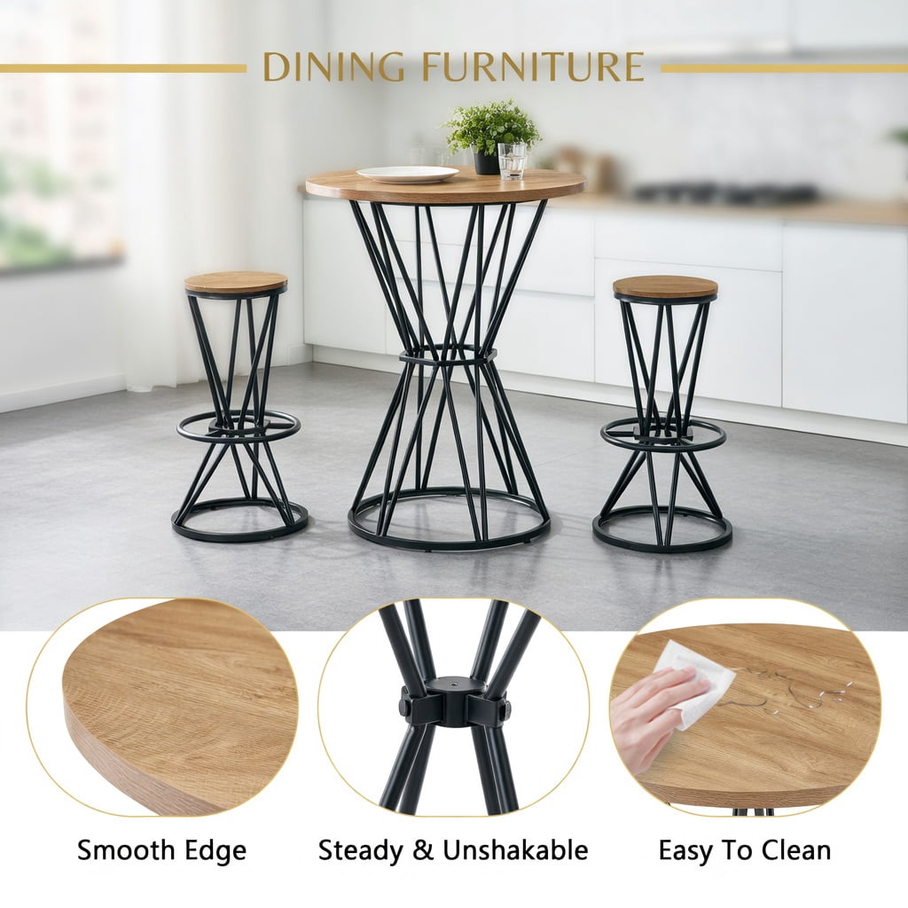 Hommoo Industrial Style 31.5-inch Wood Grain Bar Set, Metal Frame Round Table & 2 Matching Bar Stools for Kitchen Island, Small Apartment, or Home Bar, Natural & Black