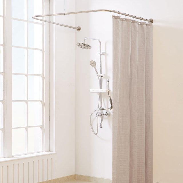 Barra de cortina de ducha en forma de U níquel cepillado ambos lados 23.6-52 pulgadas medio 30-46 pulgadas ajustable para exteriores con 12 ganchos
