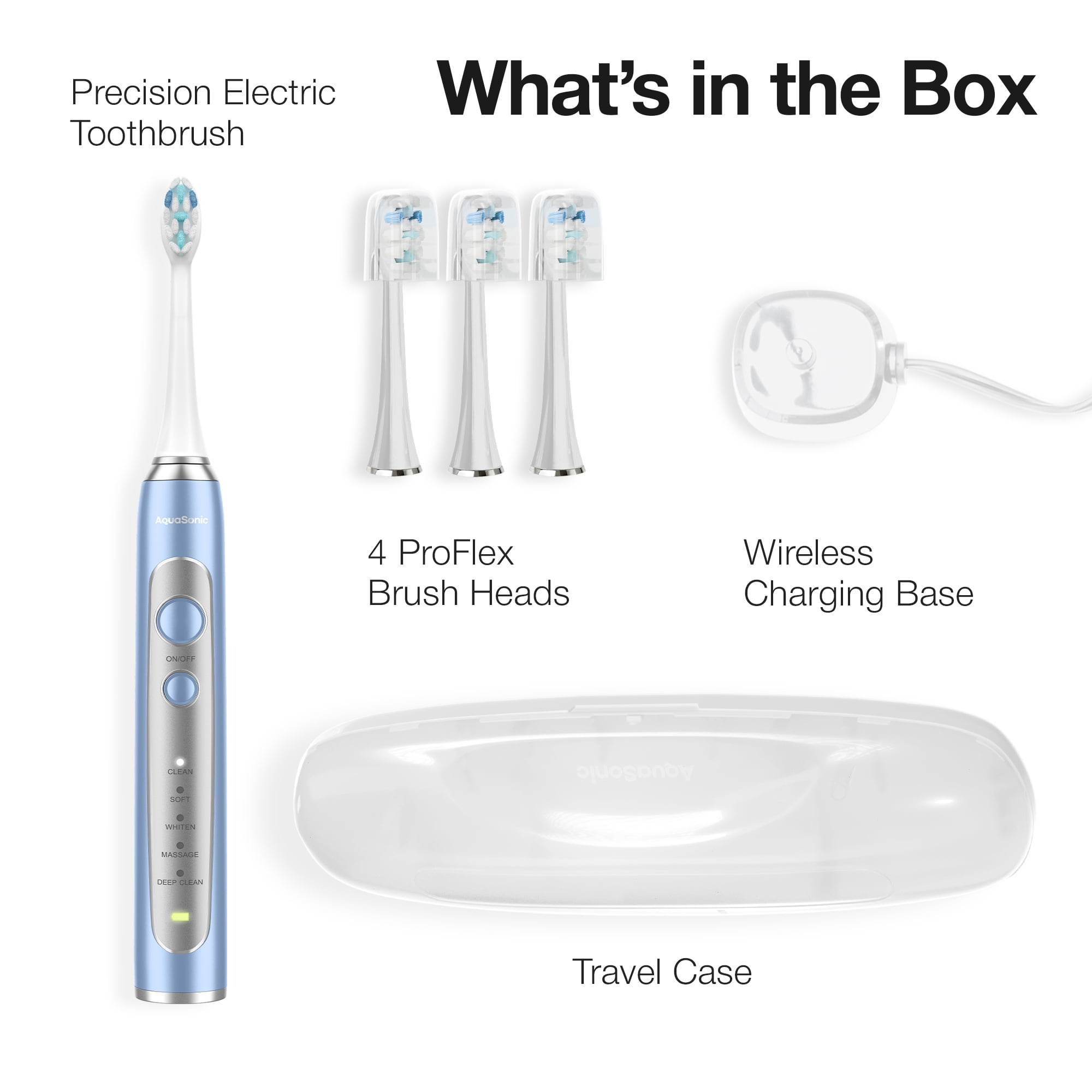 AquaSonic Precision Rechargeable Electric Toothbrush, 5 Modes, 30-Day Battery, Travel Case + 4 ProFlex Brush Heads - Blue