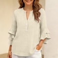 thumbnail image 5 of Gamivast Linen Ruffled Blouses for Women Dressy Casual V-Neck Button Down Shirts Bell Sleeve Summer Tops Solid Textured Cute Blouses Daily Outfits, 5 of 8