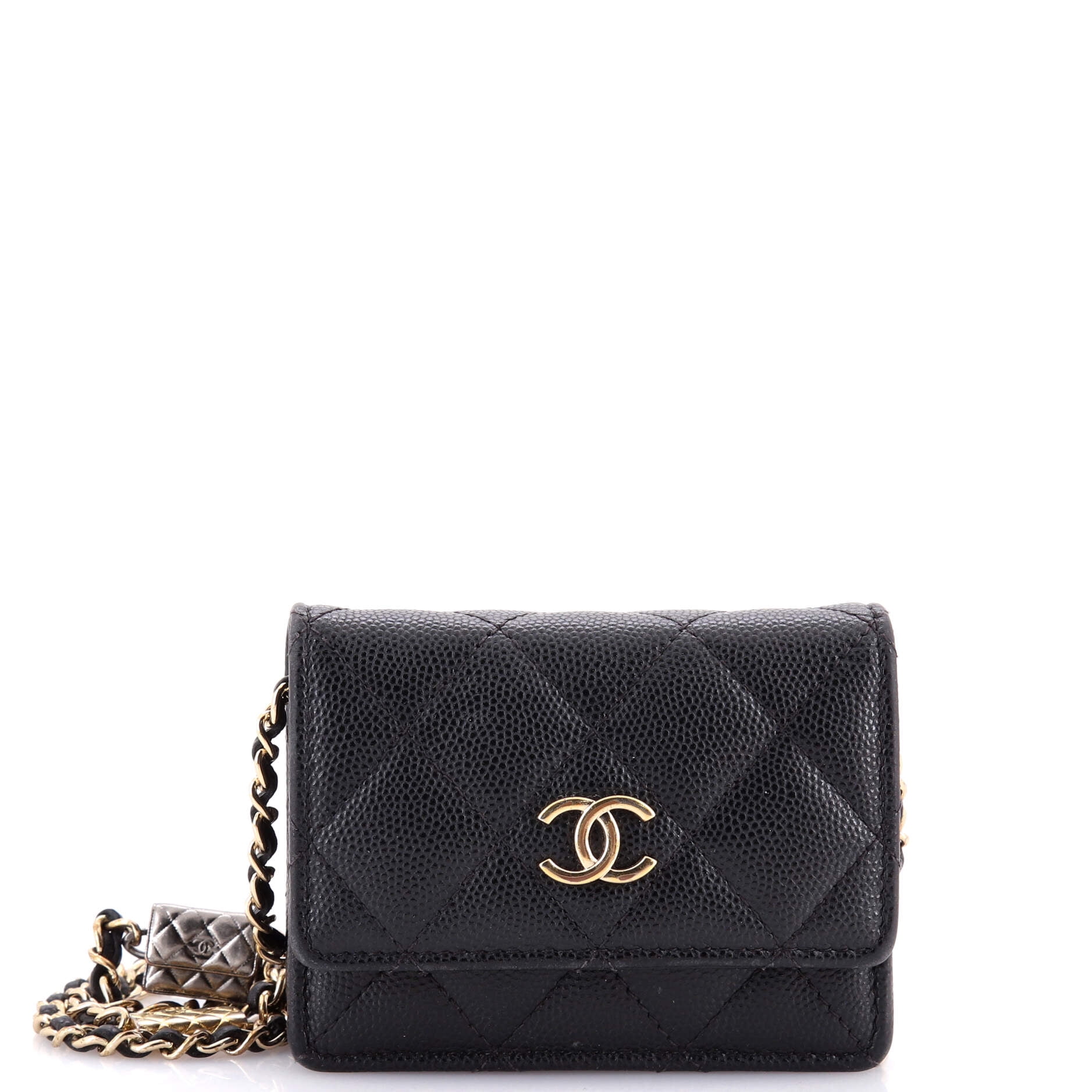 Pre-Owned CHANEL Flap Card Holder on Chain with Charms Quilted Caviar Mini By Rebag