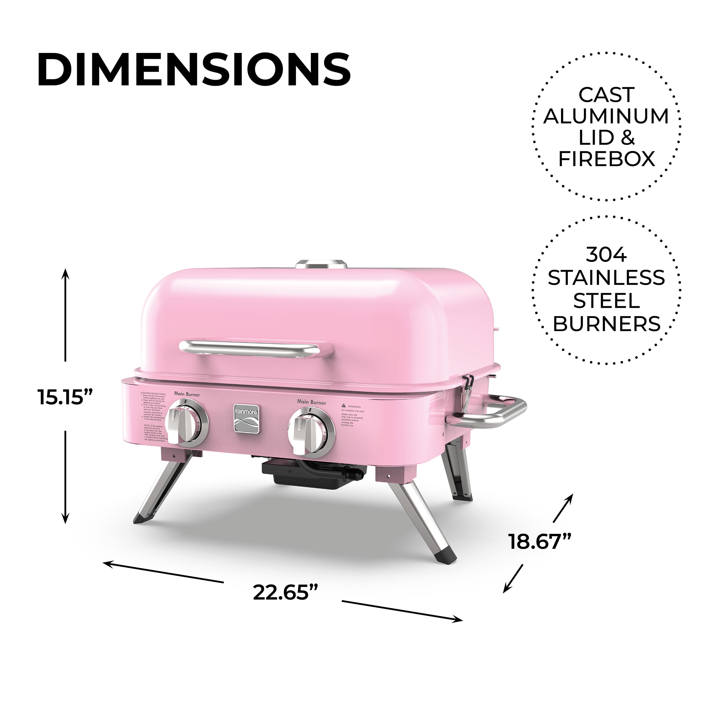 Kenmore 2-Burner Portable Tabletop Retro Gas Grill, Pink