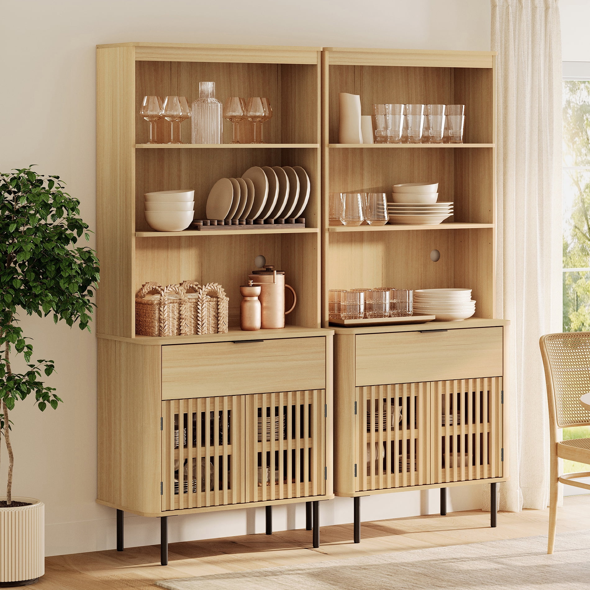 72.8" H X 63" W Kitchen Pantry Storage Cabinet, Push-to-open Door Kitchen Hutch With Drawer And Adjustable Shelf, Oak