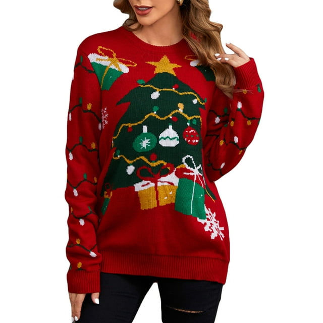xiaxaixu Chandail de Noël Drôle pour Femmes Imprimé Élan/lanterne Tricot Ample Manches Longues Col Rond