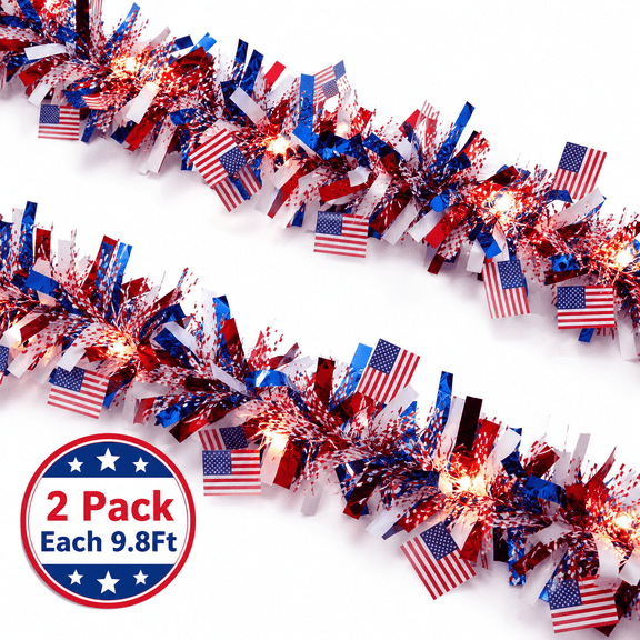 Kabuer 4th of July Tinsel Garland with Lights Battery Operated Patriotic Foil Hanging Garland Red White Blue for Independence Day Party Decoration, 2 Pack, Each 9.8Ft