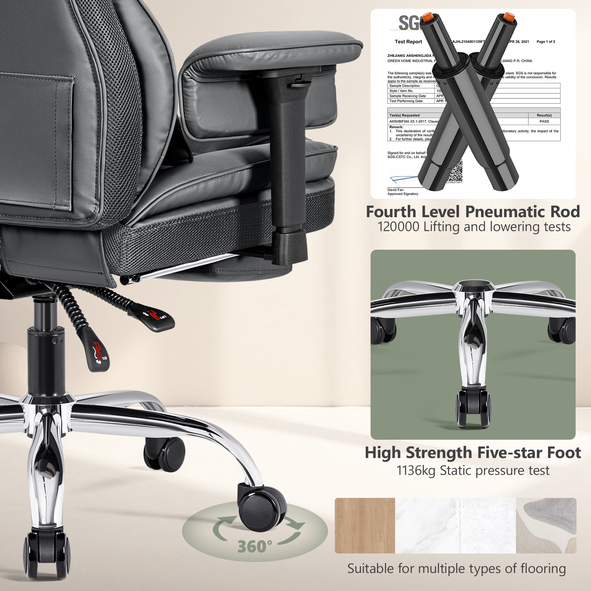 COOLHUT Big and Tall PU Leather Office Chair with Adjustable Headrest & Footrest, Executive Computer Desk Chair with 3D Adjustable Padded Armrest, Ergonomic Office Chair with Lumbar Support, Gray