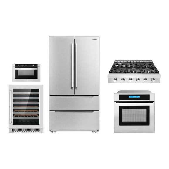 5 Piece Kitchen Package With 30" Slide-In Gas Cooktop 24" 48 Bottle Single Zone Freestanding Wine Refrigerator 24" Single Electric Wall Oven 24" Built-In Microwave Drawer & French Door Refrigerator