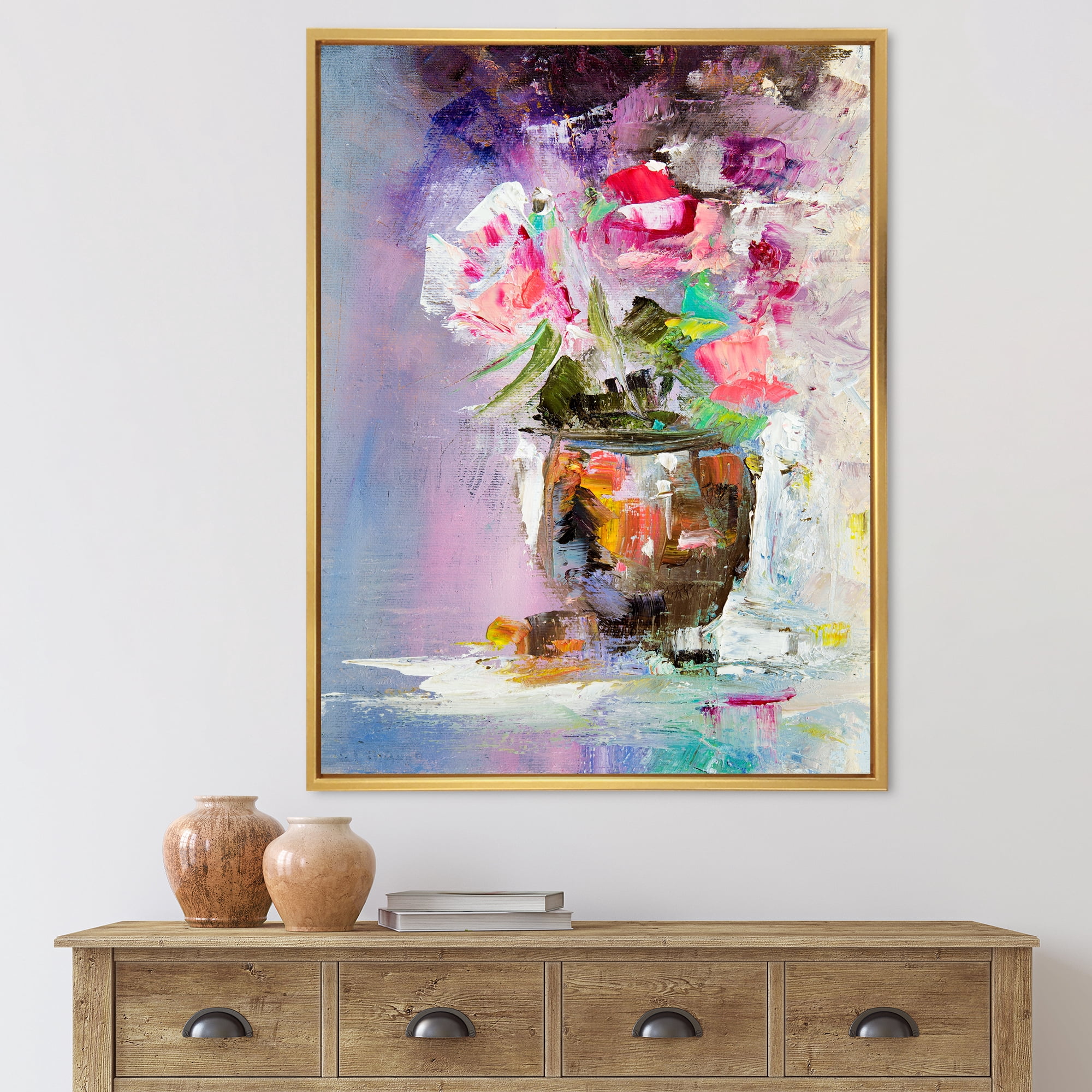Designart 'Pink Fresh Abstract Flowers Bouquet in Vase' Modern Framed Canvas Wall Art Print