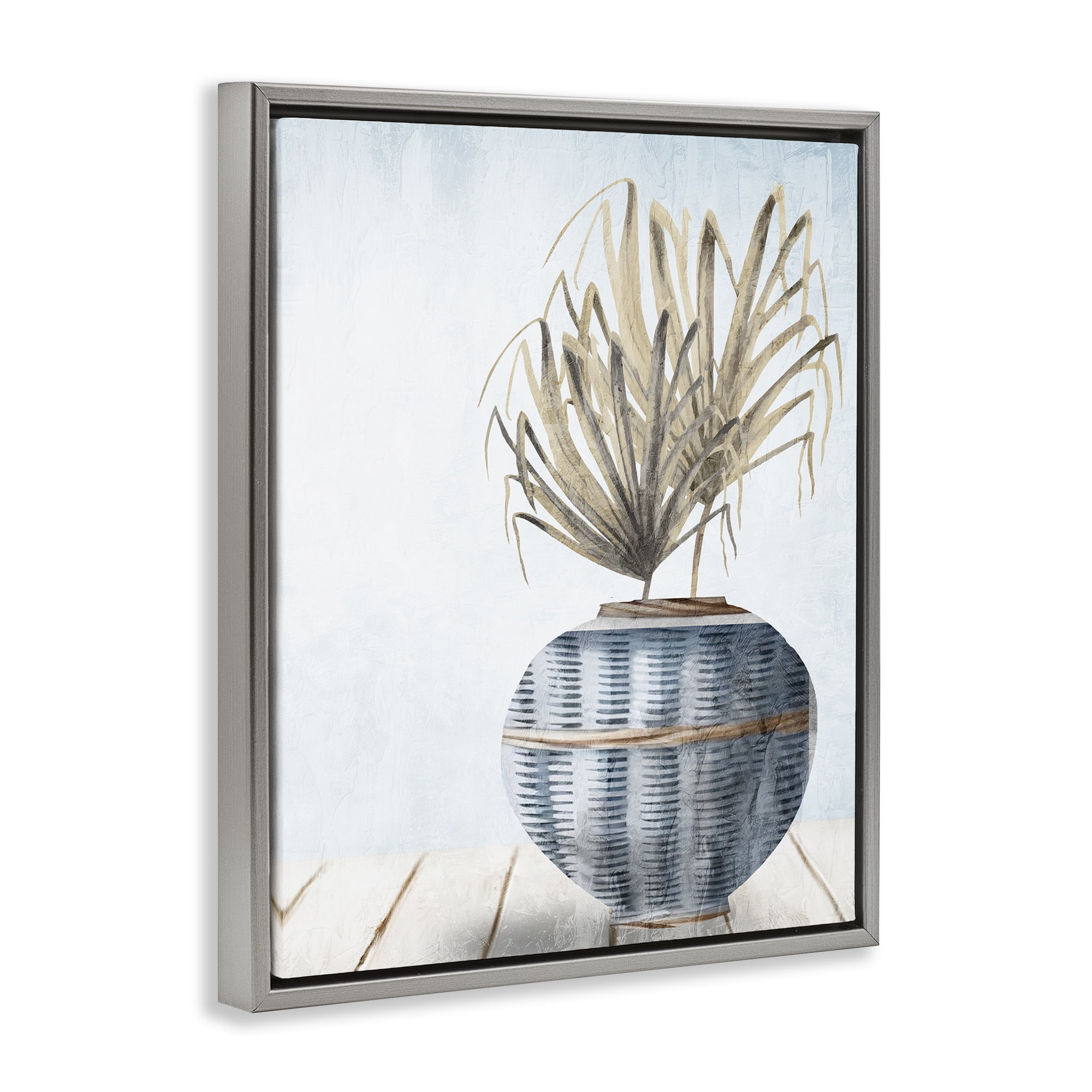 Stupell Industries Plant in Woven Vase Plants & Flowers Painting Gray Floater Framed Canvas Art Print Wall Art, 17 x 21