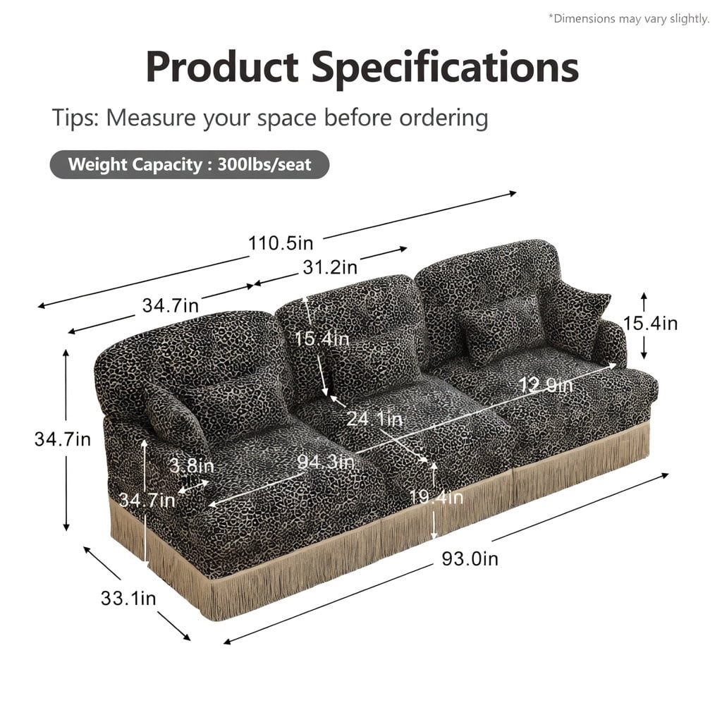 Hommoo 100" Leopard Print Chenille 3-Seater Modular Sectional Sofa, Tassel-Trimmed, Deep Seat, Ergonomic Support, Easy Snap-Together Assembly for Modern Living Rooms, khaki