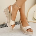 thumbnail image 2 of Rokment Womens Metallic Color Block Platform Wedge Dressy Sandals Vintage Casual Leather Peep Toe Chunky High Heels Slingback Dress Summer Shoes with Adjustable Back Strap for Ladies Beige Size 6, 2 of 8