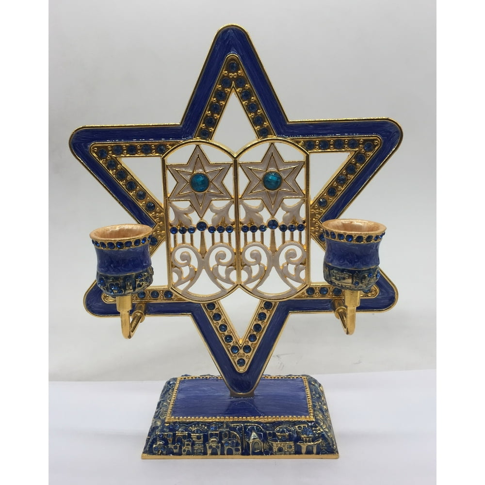 Star of David Design Candle Holder Hand Painted Enamel with Blue