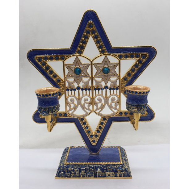 Star of David Design Candle Holder Hand Painted Enamel with Blue