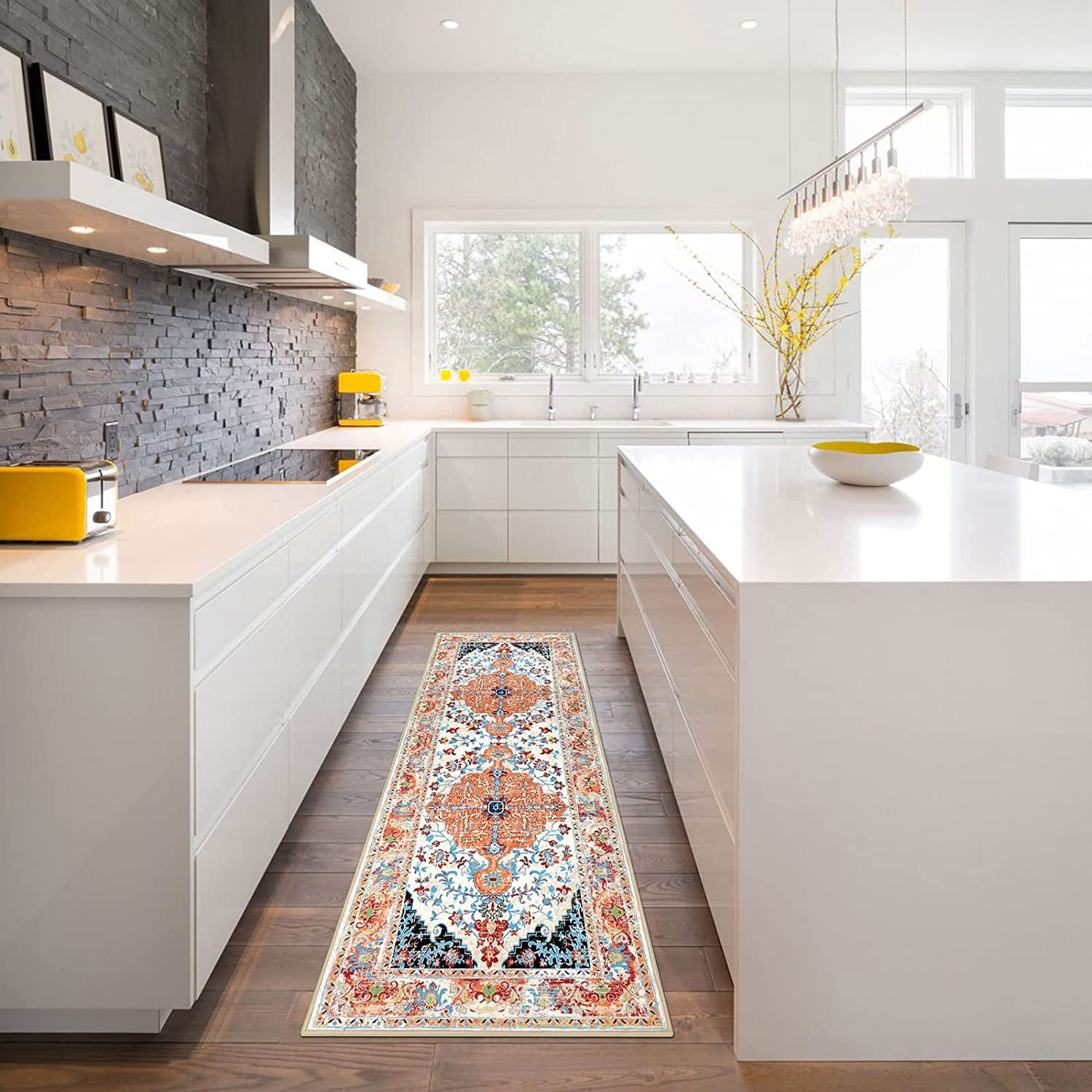 Findosom 2'x6' Vintage Boho Runner Rug Washable Non-slip Area Rug,Hallway Indoor Farmhouse Bedroom Kitchen Living Room Non Shedding Runner, Contemporary Low Plie Floor Carpet Doormat,Orange
