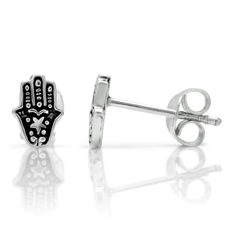 Chuvora 925 Oxidized Sterling Silver Tiny Hamsa Hand of Fatima 8 mm Stud Earrings