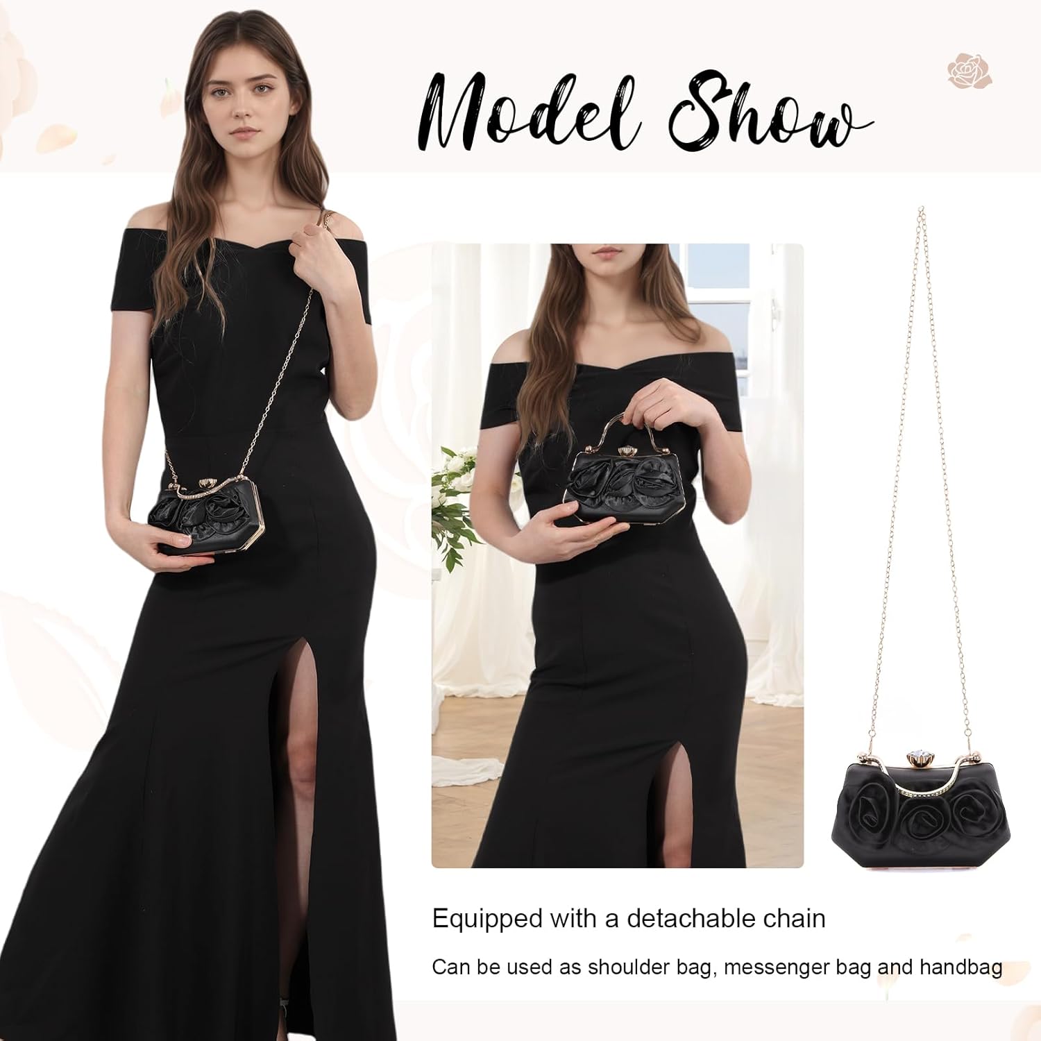 Women Flower Evening Handbag Satin Floral Clutch Purses Chain Strap Shoulder Bag