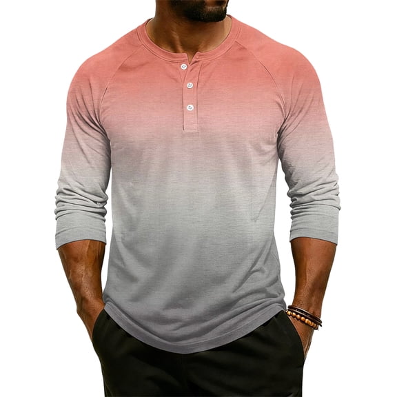 CCRFTGI Mens Shirts Henley Raglan 3/4 Sleeve Big and Tall Gradient Shirts Sport Athletic Button Down Classic 2026 Summer Tee Tops Red L