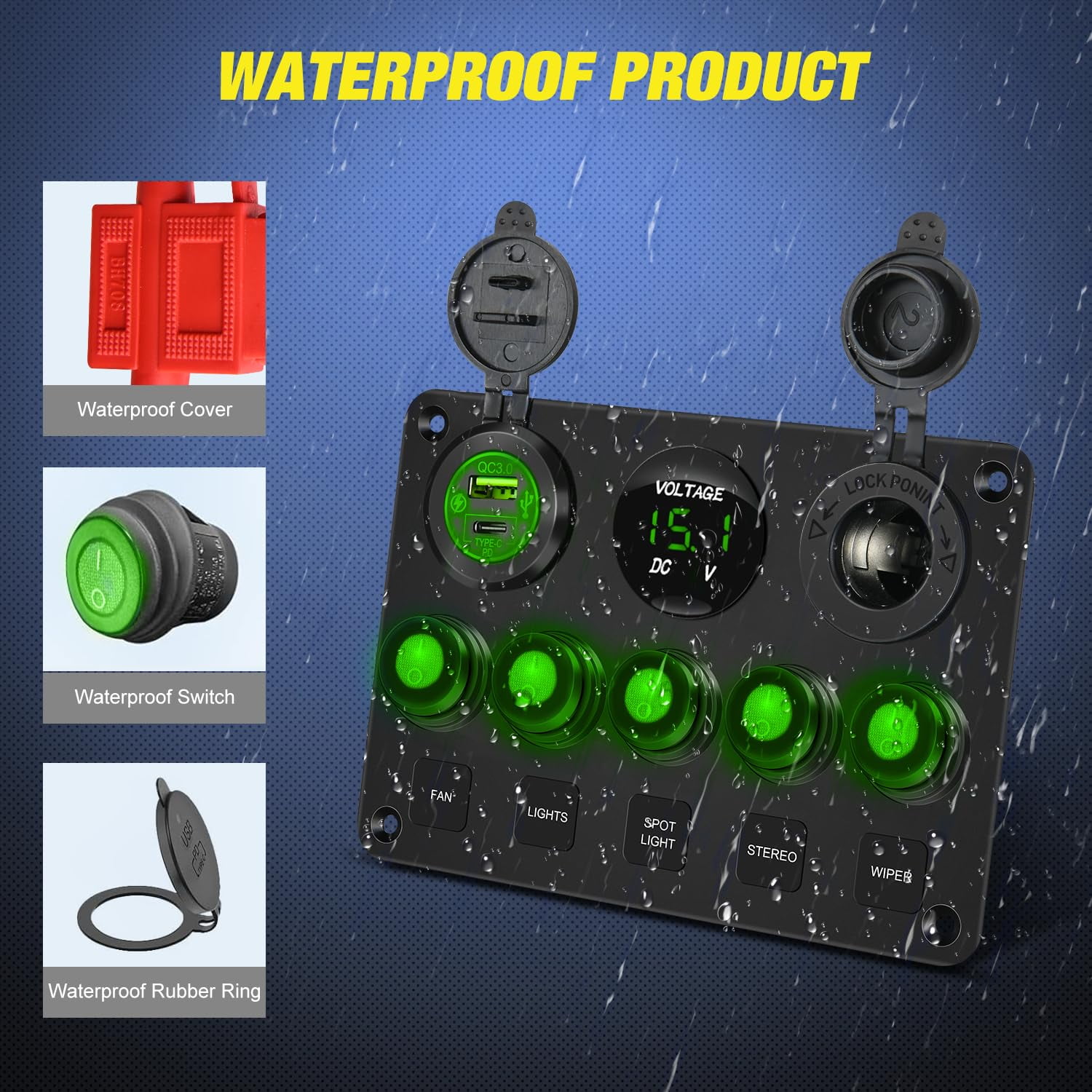 Nilight 5 Gang Multi Function Waterproof Switch Panel PD Type C and USB Socket Digital Voltmeter 12V Outlet Rocker with Inline Fuse for RVs Cars Boats Trucks Trailers Green