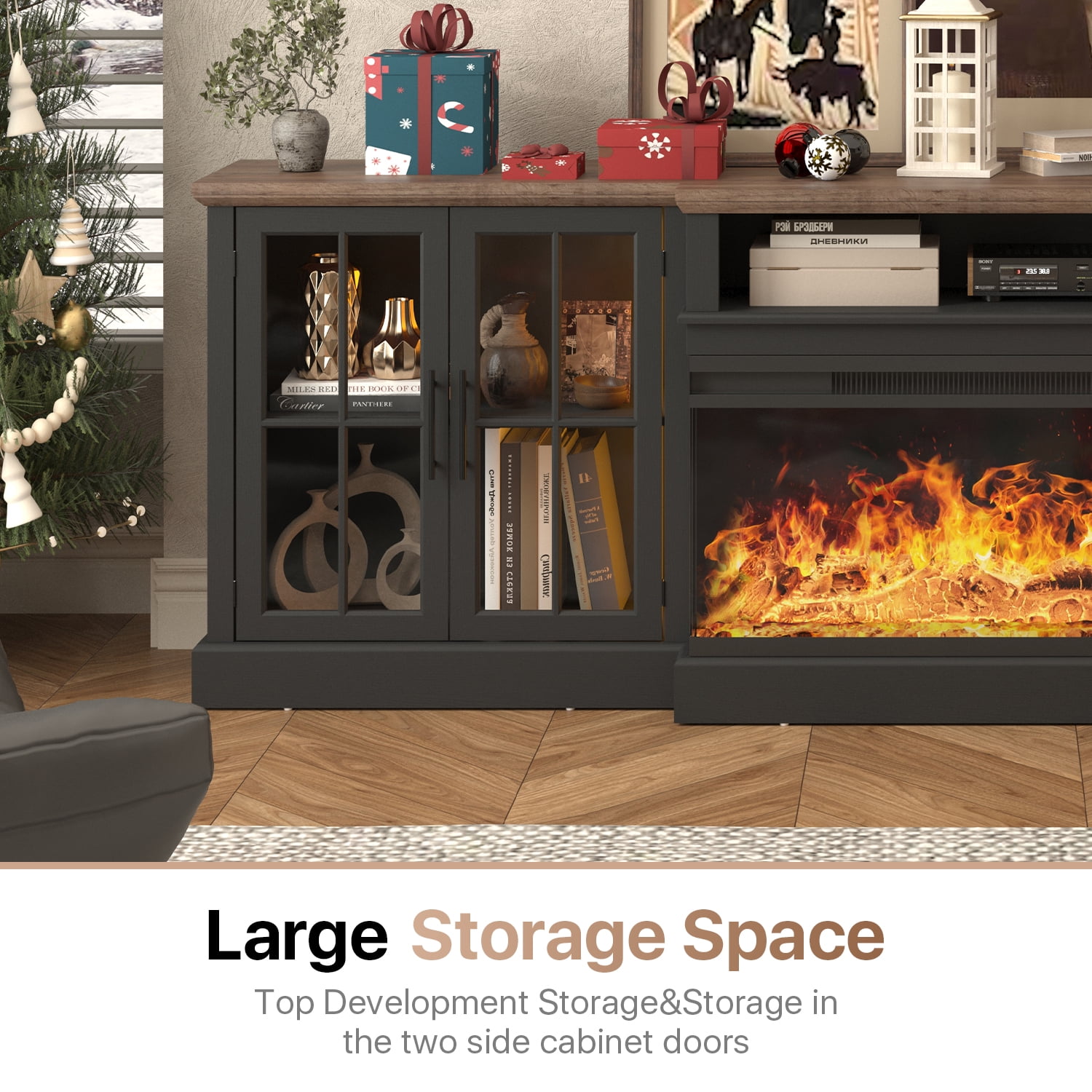 Sonegra 98" Farmhouse TV Stand with Fireplace for TVs up to 100", Media Entertainment Center with Adjustable Shelves and Large Storage Cabinets, for Living Room, Black