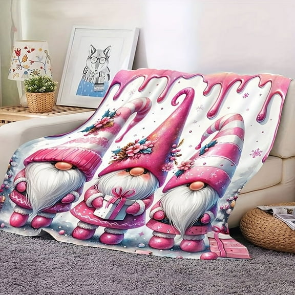 Cozy Christmas Gnome & Bell Print Flannel Throw Blanket - Soft, Warm, and Versatile for Couch, Office, Bed, Camping, and Travel - All-Season Multi-Purpose Gift