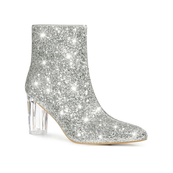 Perphy Clear Block Heel Sparkly Glitter Ankle Boots for Women Silver (Size 7)