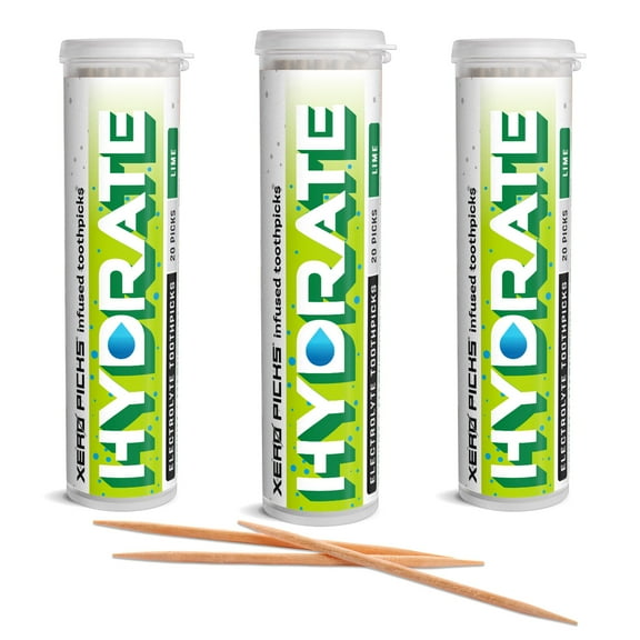 Xero Picks Hydrate - Electrolyte Flavored Toothpicks -60 Picks-Variety 3 Pack - Lime - Sodium, Potasium, Magnesium, Calcium