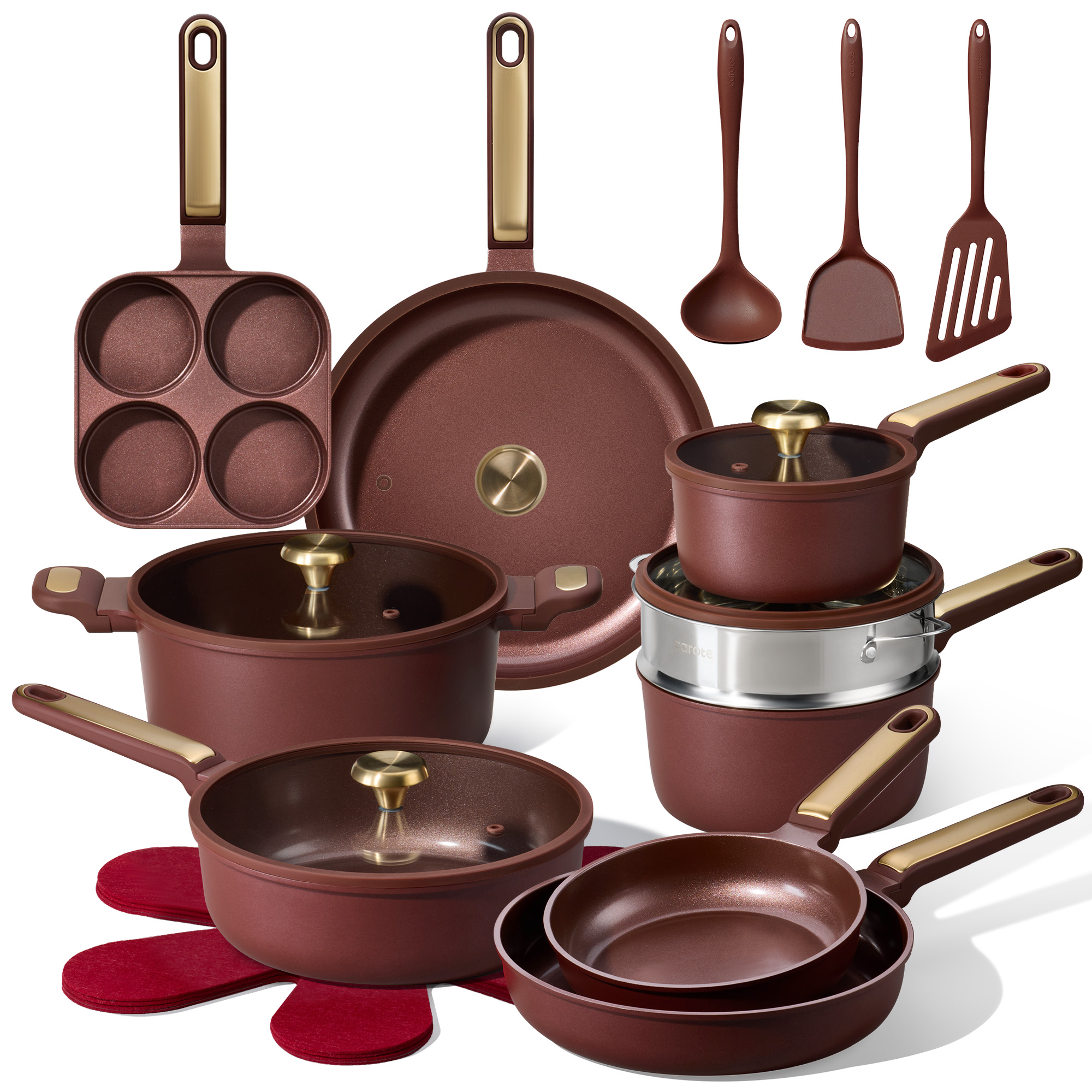 Carote Non-Toxic Ceramic Nonstick Pots and Pans Set, 21-Piece Cookware Set with Lids, All Stoves Compatible, Dishwasher Safe, Burgundy Red