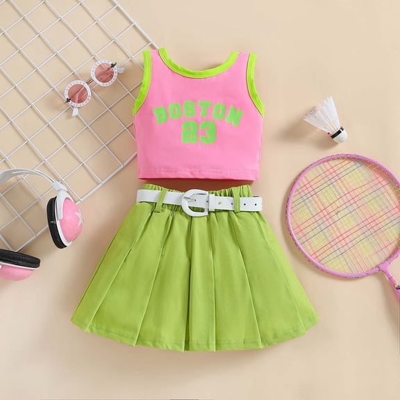 SONGGE Toddler Girls Color Block Letter Print Tank Tops & Denim Skirt Set Summer Casual Outfit Sets Back To School Holiday Clothing Sets