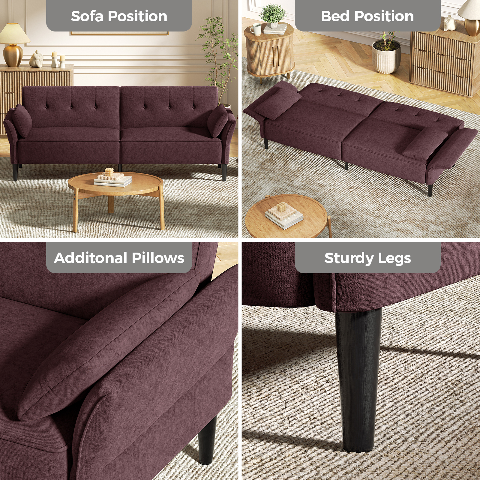 COPIAE 89” Futon Sofa Bed with 2 Square Pillows, Convertible Sleeper Sofa with Adjustable Backrest& Armrests, Modern Loveseat Sleeper for Living Room