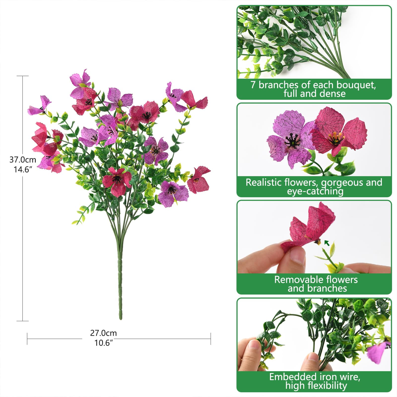 Artificial Fake Flowers for Outdoors Spring Decor 12 Bundles Faux Silk Flowers Outside UV Resistant Plants