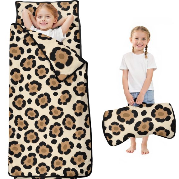 Brown and Beige Leopard Print Teens Toddler Nap Mat with Pillow, Sleeping Mat Bag for Preschool Daycare 60"x20"