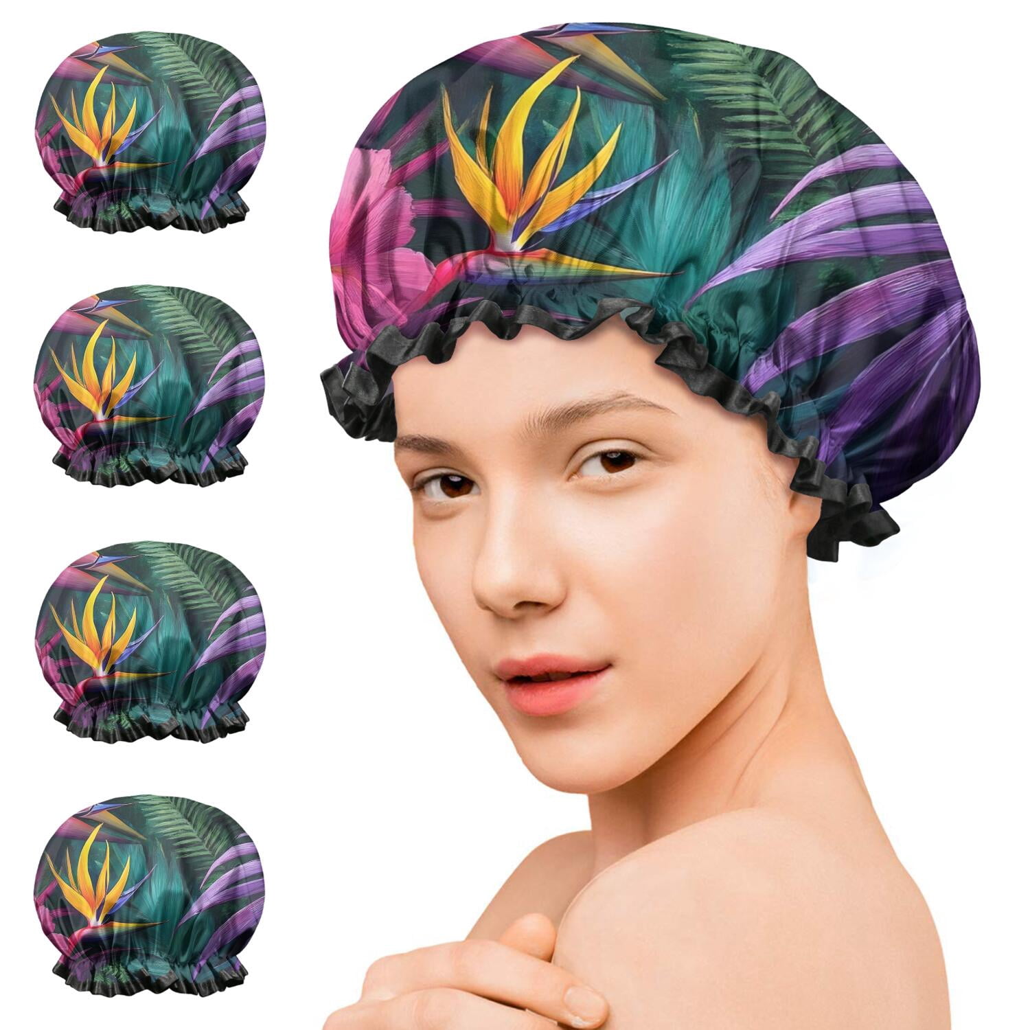 Shower Caps,Colorful Tropical Leaf Pattern Waterproof Shower Cap for Women 4 Pieces,Double Reusable Hair Cover for Shower PEVA Elastic Stretch Hem